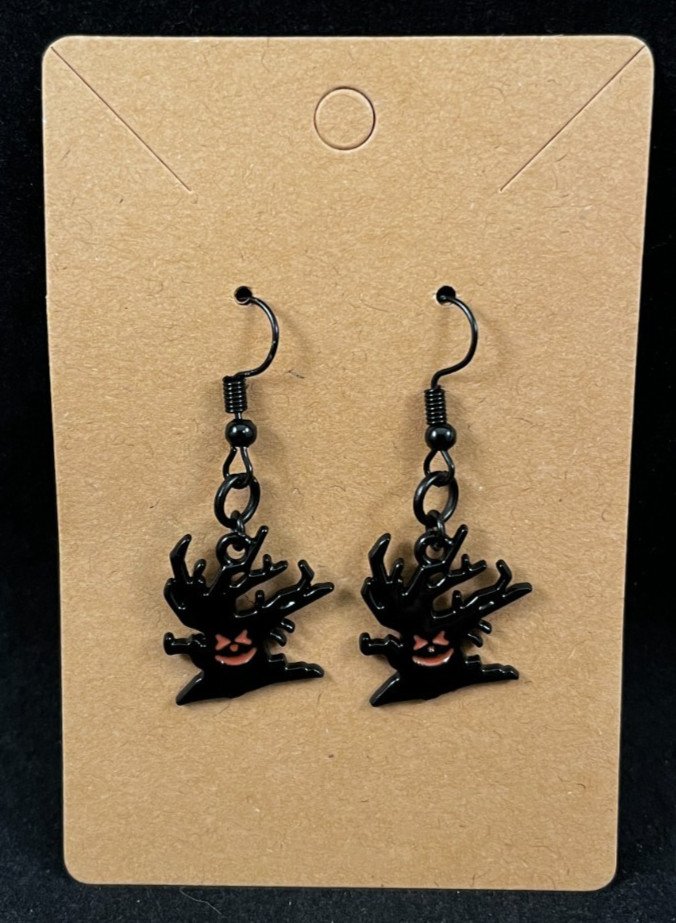 Spooky Happy Tree Earrings – Dangle – Black Hook – Halloween – Handmade