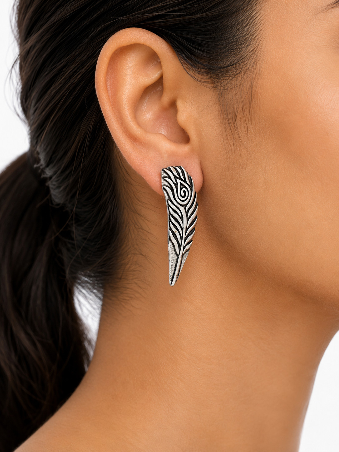 Handmade Silver Tone Feather Wing Stud Earrings Boho Tribal Statement Jewelry