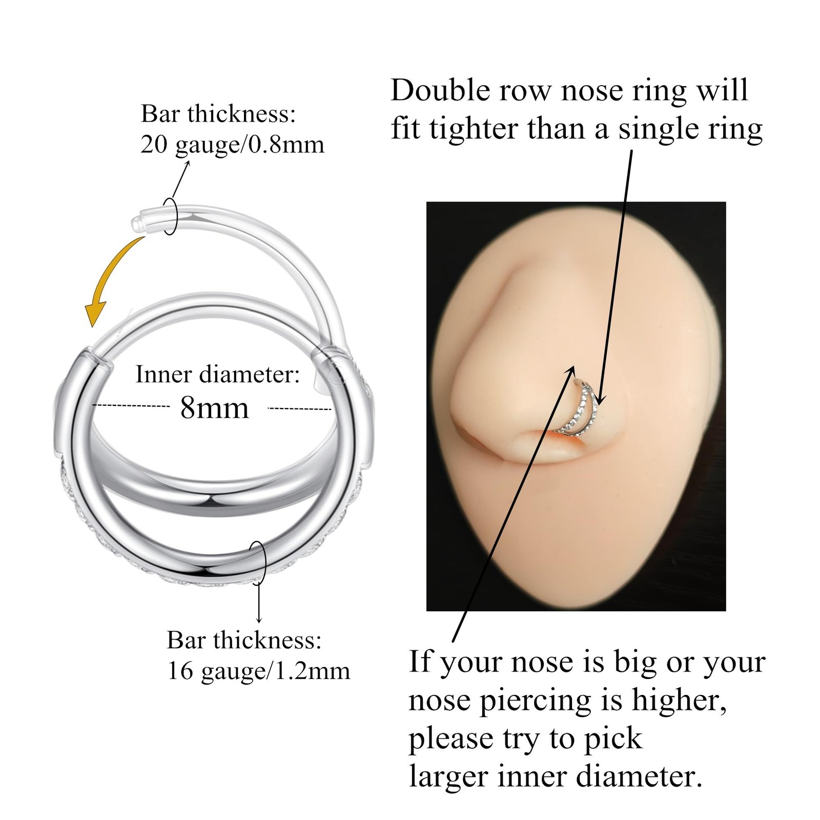 ORANGELOVE Double Open Stack CZ Nose Ring Hoop 316L Surgical Steel Helix Rook…