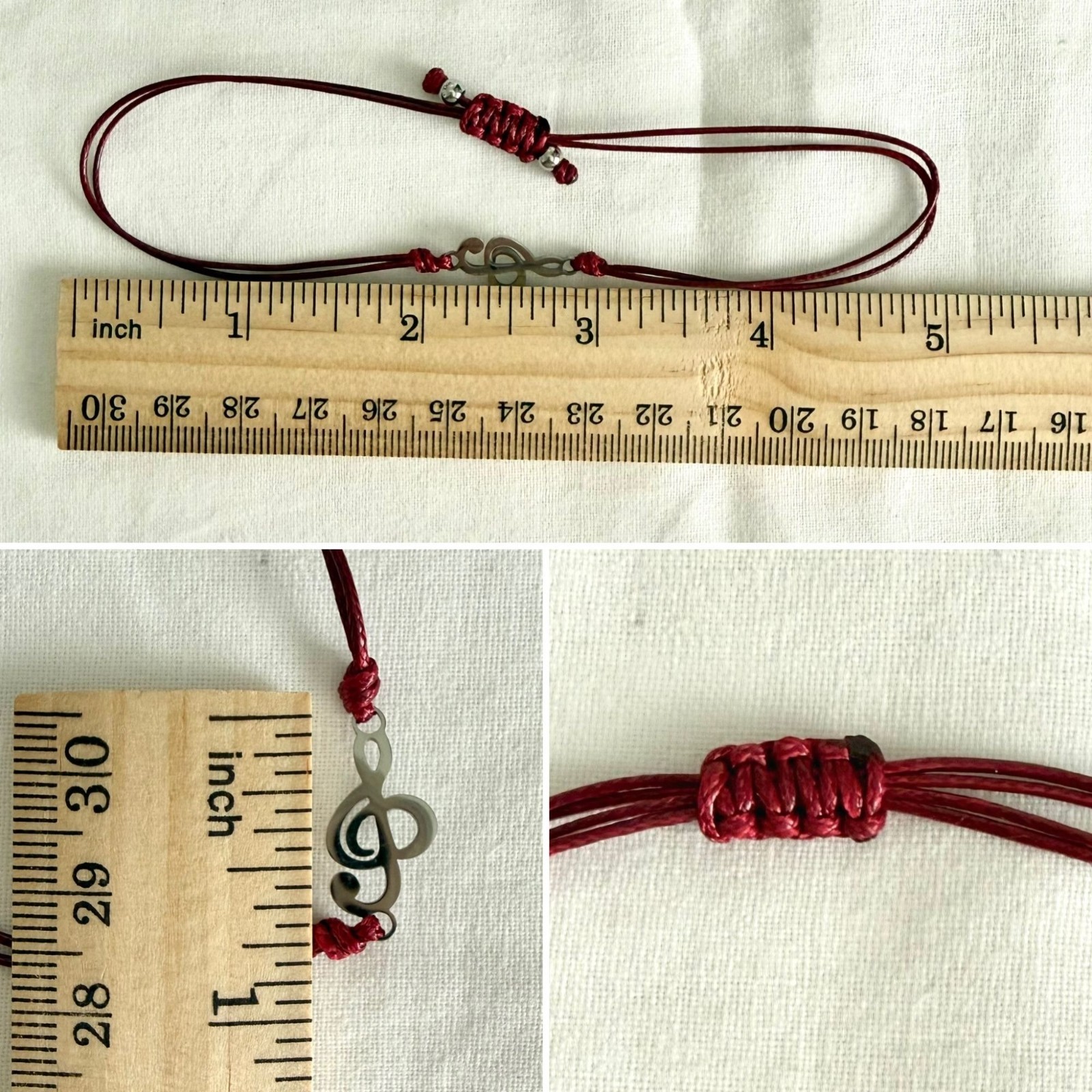 Music Wish Bracelet Stainless Steel Treble Clef Burgundy Red Woven Cord