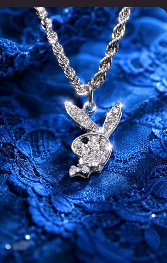 Playboy Bunny rhinestone Necklace on Silver toned chain 16″ to 18″ adjustable