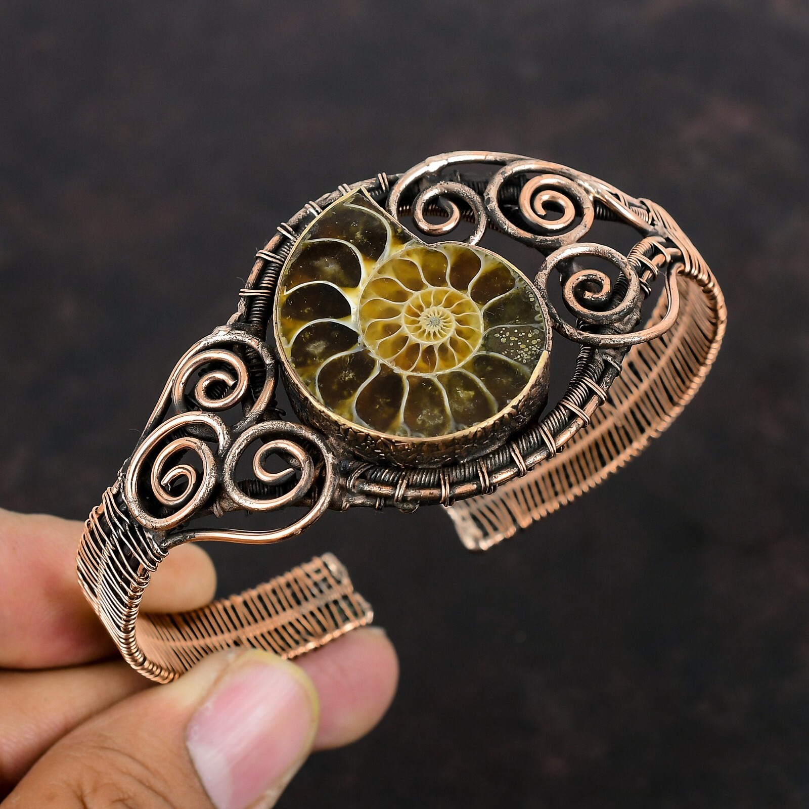 Ammonite Fossil Jewelry Copper Gift For Mom Wire Wrapped Adjustable Bangle