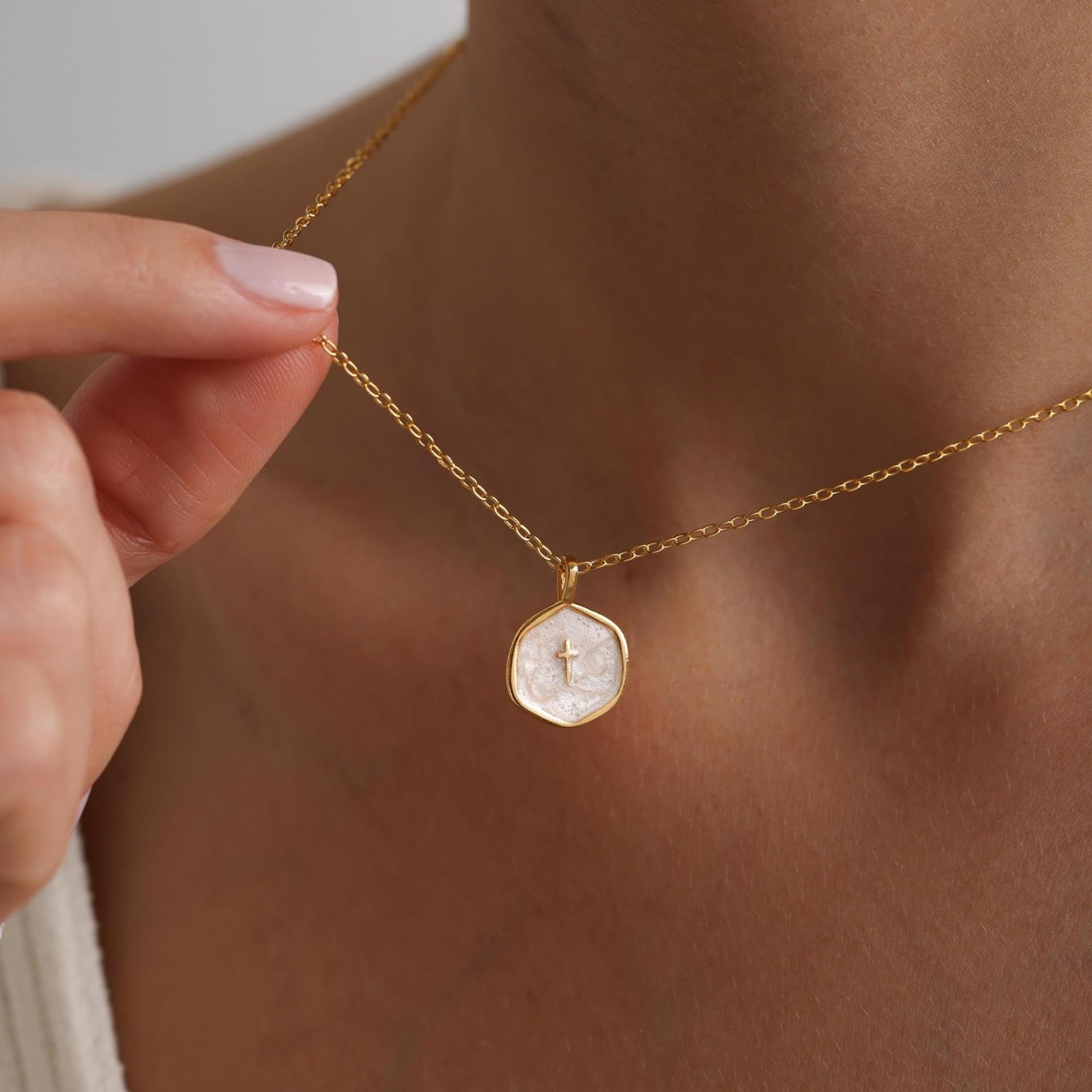 Tewiky Cross Necklace for Women-Dainty 17 inches (with extension), Gold
