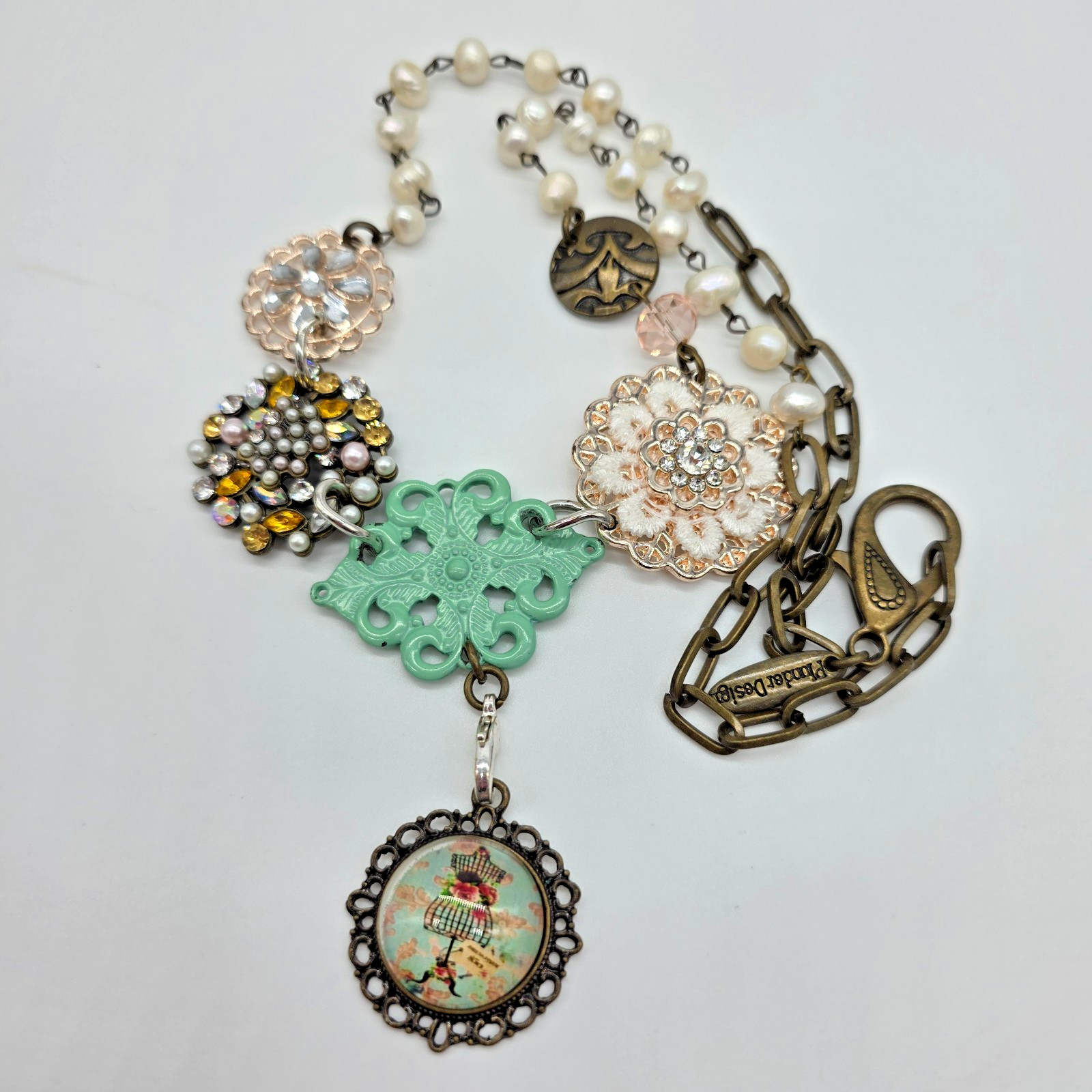Plunder MARY Antique Bronze Pearl Crystal Flower Dress Mannequin Necklace 20”