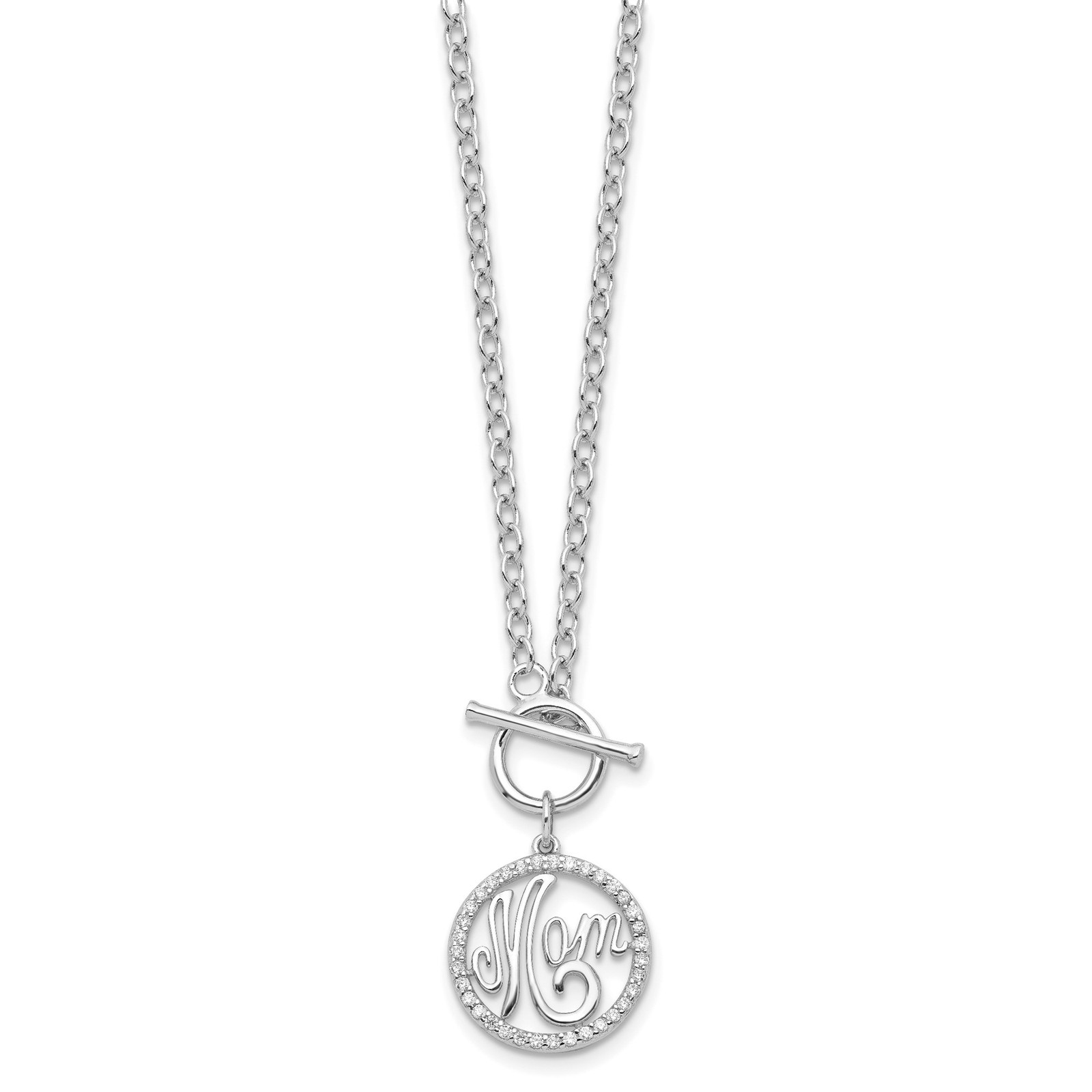 Sterling Silver Rhodium-plated Polished CZ Mom 18 inch Necklace Chain Mens Women