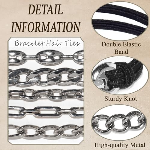 5PCS Black- Silver Gold Bracelet Hair Ties | Fancy Elastic Scrunchies with Metal