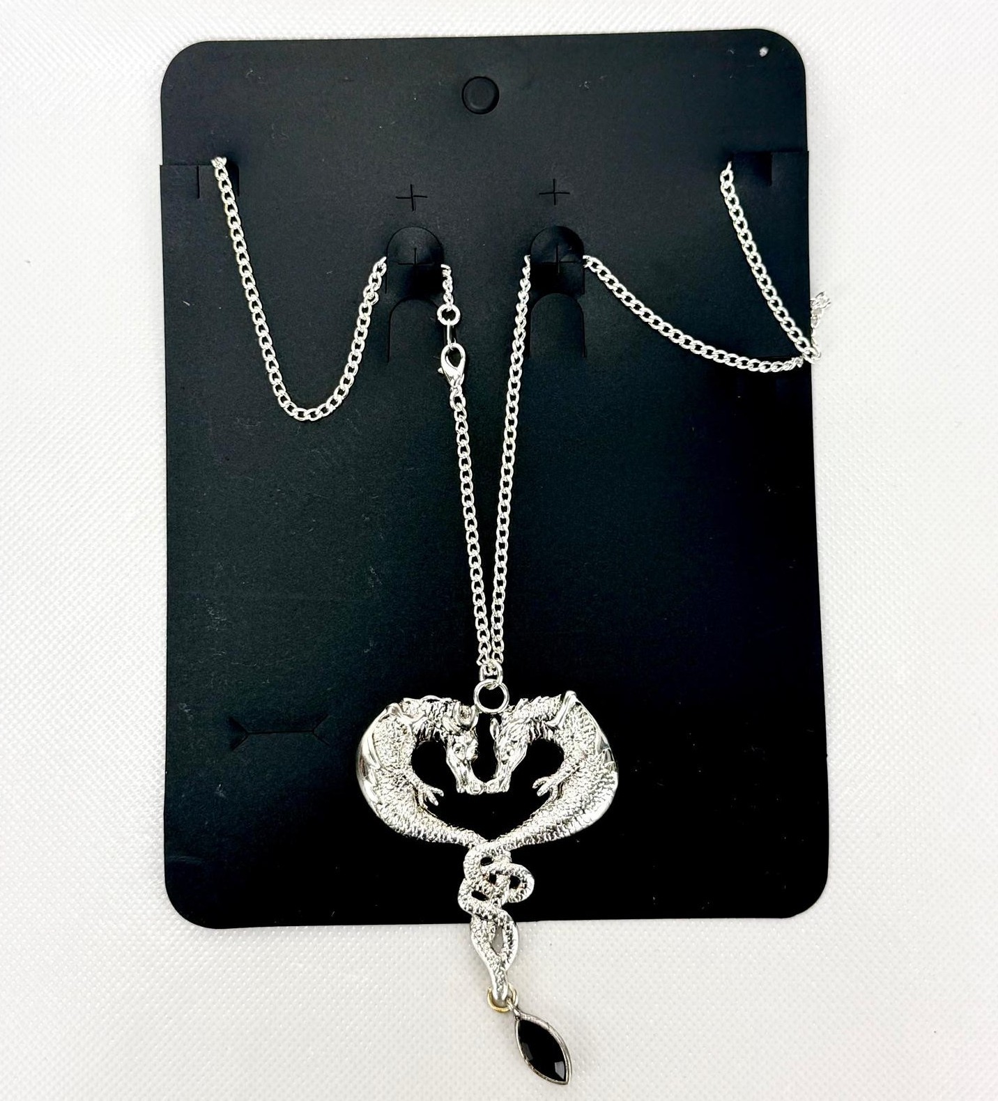 Chain Necklace 2 Dragons Twins Medieval Fantasy Silver Black Stone
