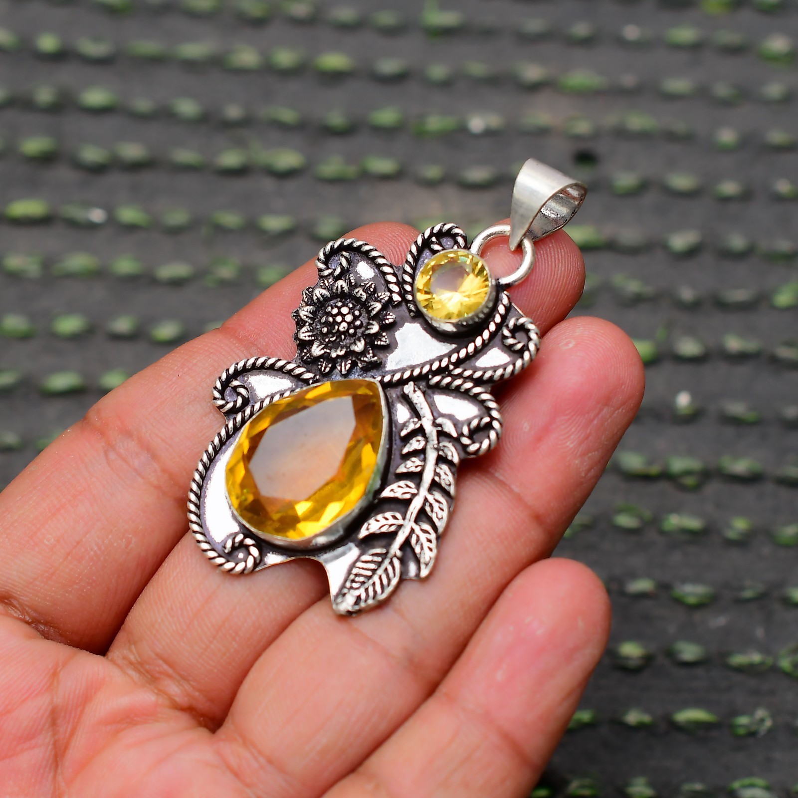 Citrine (Lab-Created) Gemstone 925 Sterling Silver Pendant Approx – 2.20″