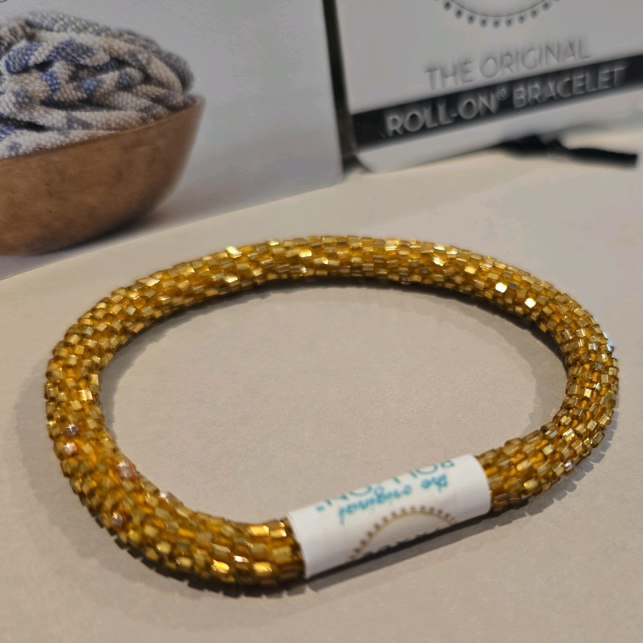 Aid Through Trade Roll-On Beaded Bracelet Gold Nepal Glass Bead Fair Trade NWT