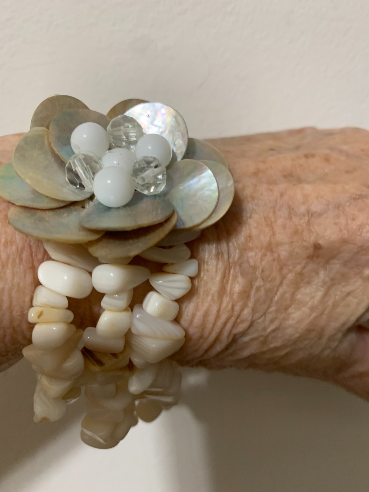 Fashion Seashell bracelet, glass beads and crystals on a triple stretch band, 8″