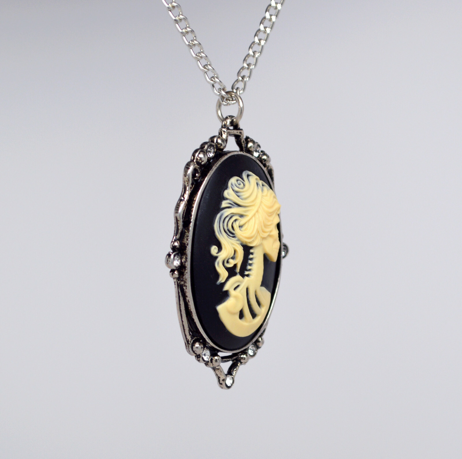 Gothic Lolita Cameo Ivory on Black with Crystals Pewter Pendant Necklace NK-610