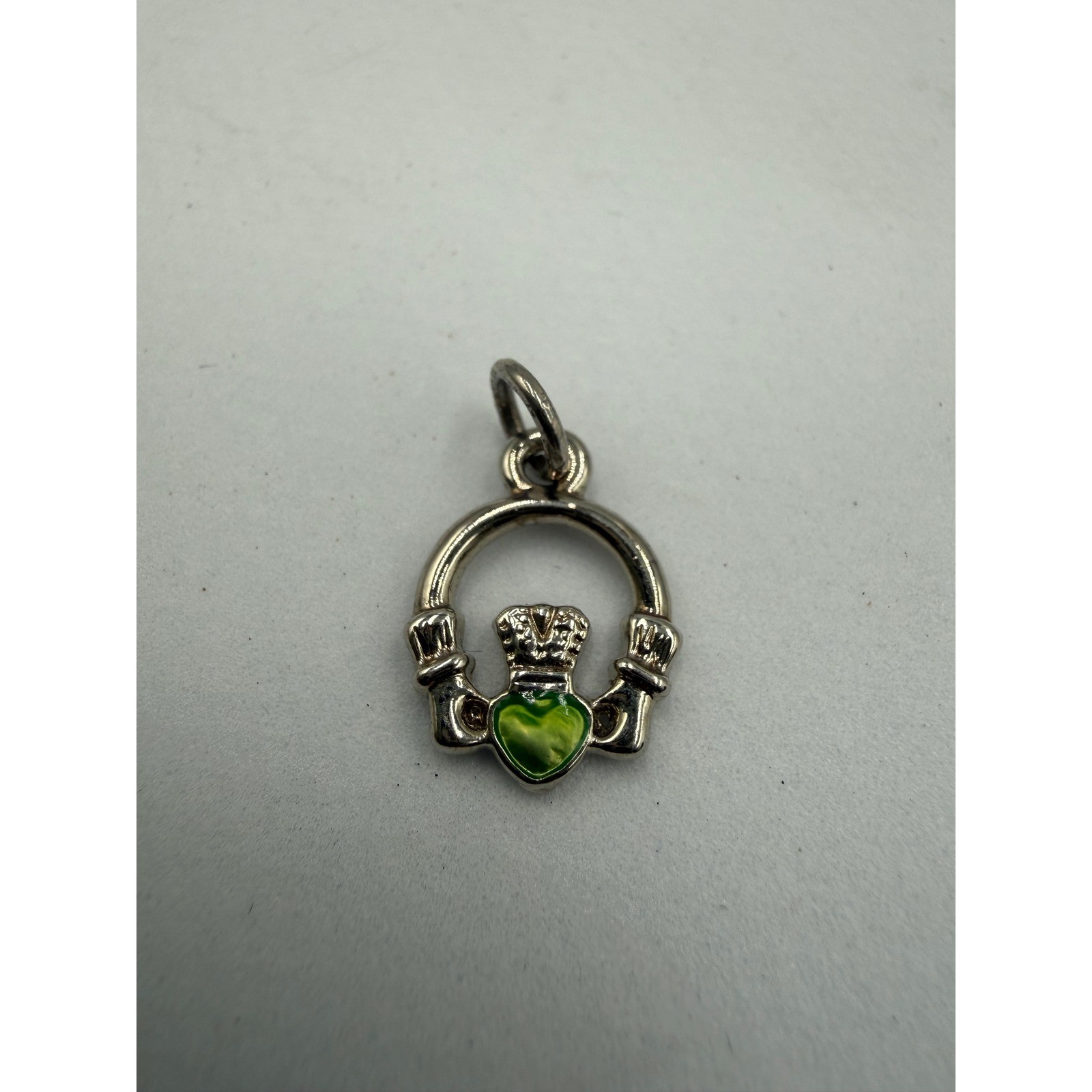 Silver Tone Green Enamel Heart Claddagh Charm Pendant Irish Celtic Jewelry