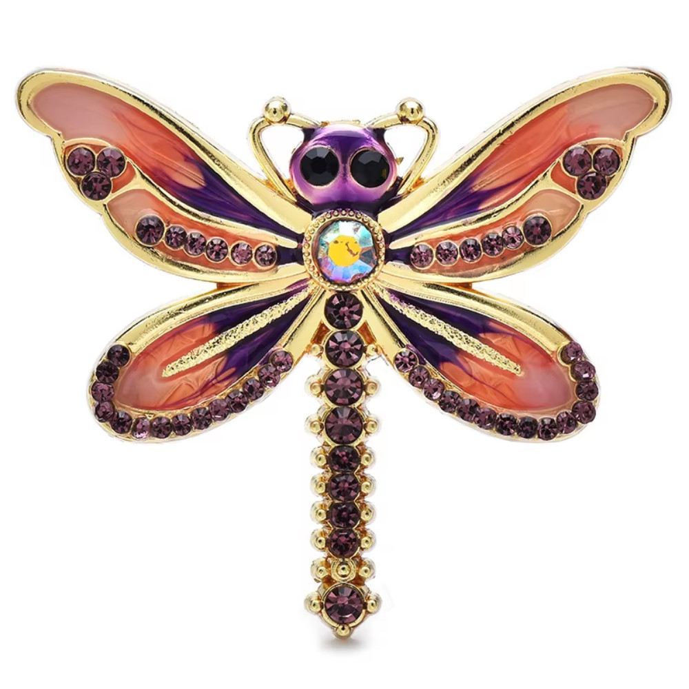 Vintage Purple Enamel Dragonfly Brooch Gold Crystal Insect Pin Nature Jewelry Gi