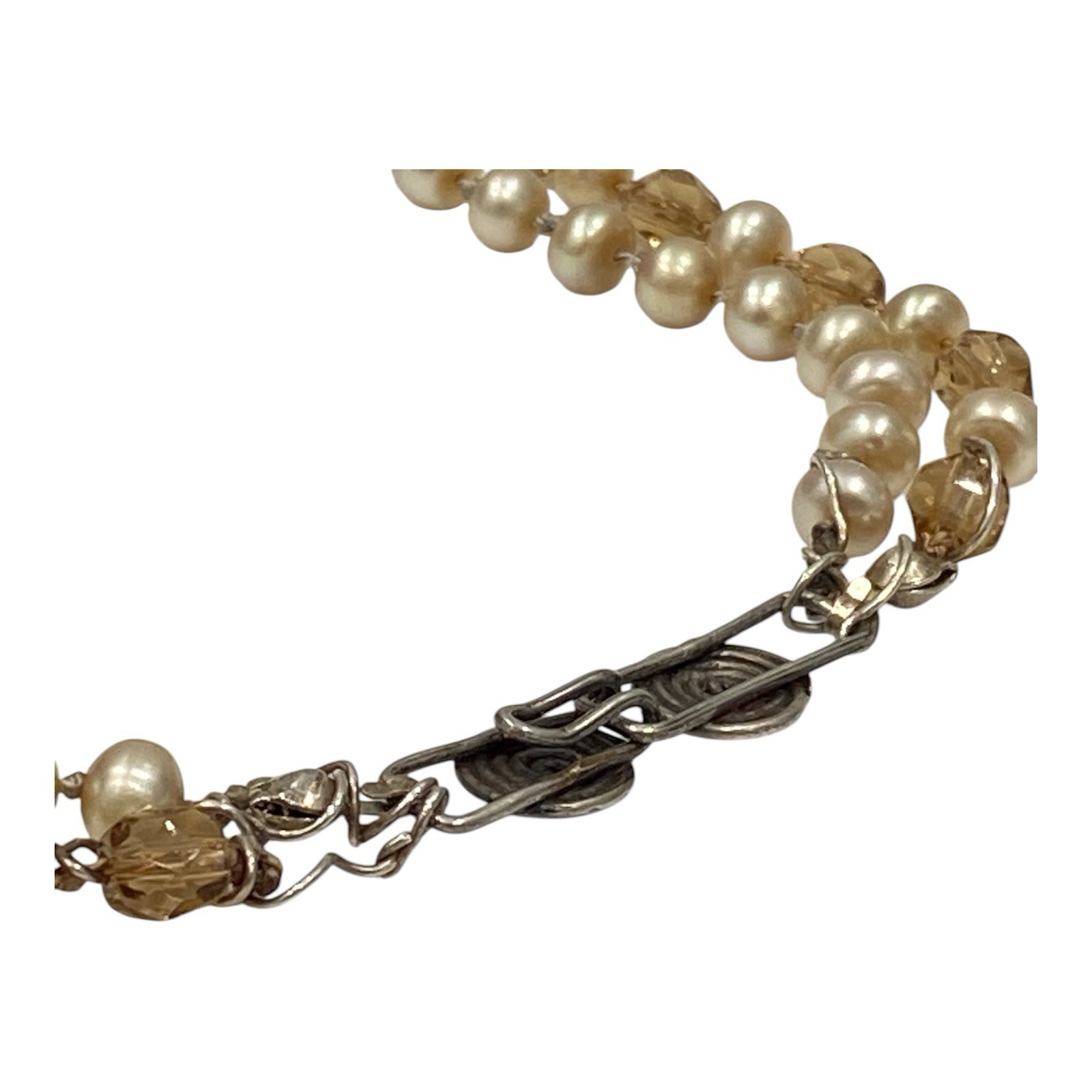 Vintage Artisan Pearl Citrine Multi Strand Necklace Sterling Silver Spiral Clasp