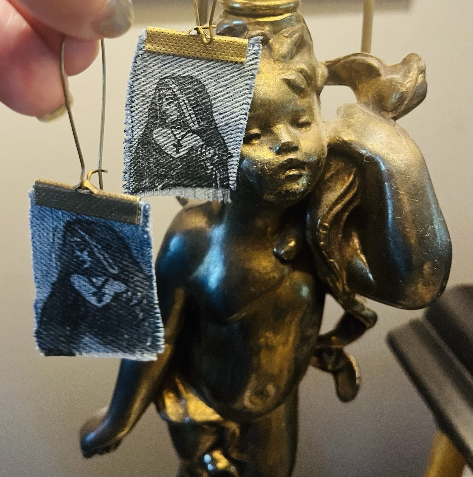 Handmade Denim Rectangle Dangle/Drop Hook Earrings Blue Gold Tone Metal