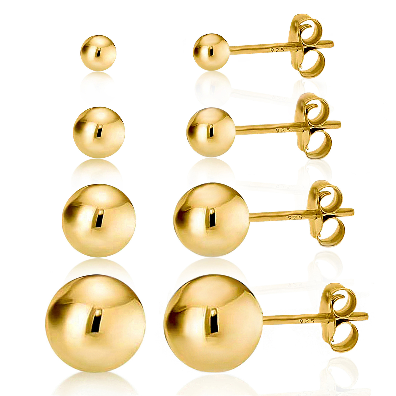 14K Gold over 925 Silver High Polish Smooth Round Ball Stud Earring 4-Size Set