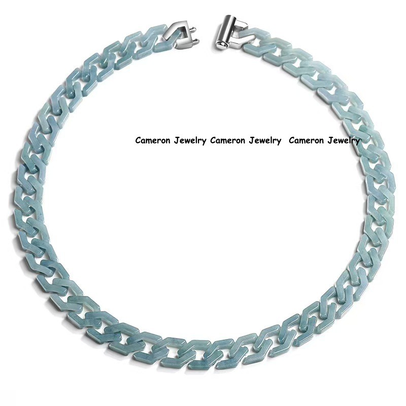 Real Grade A Natural Blue Jade Jadeite Bracelet Curb Link Necklace 5.9-24inch