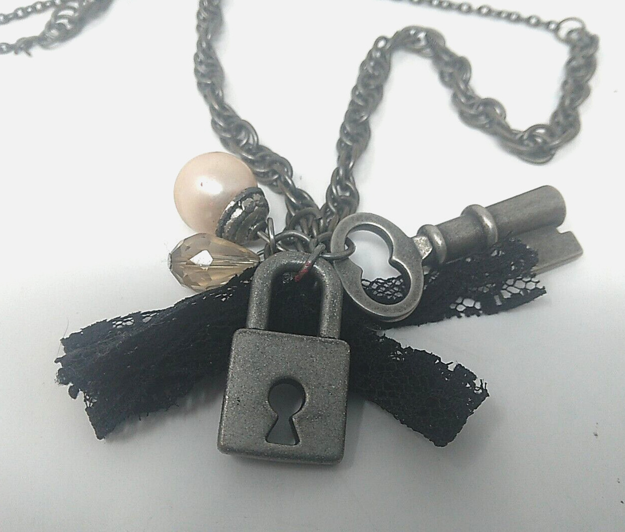 Skeleton Key Lock Faux Pearl Chain Necklace Fashion Costume
