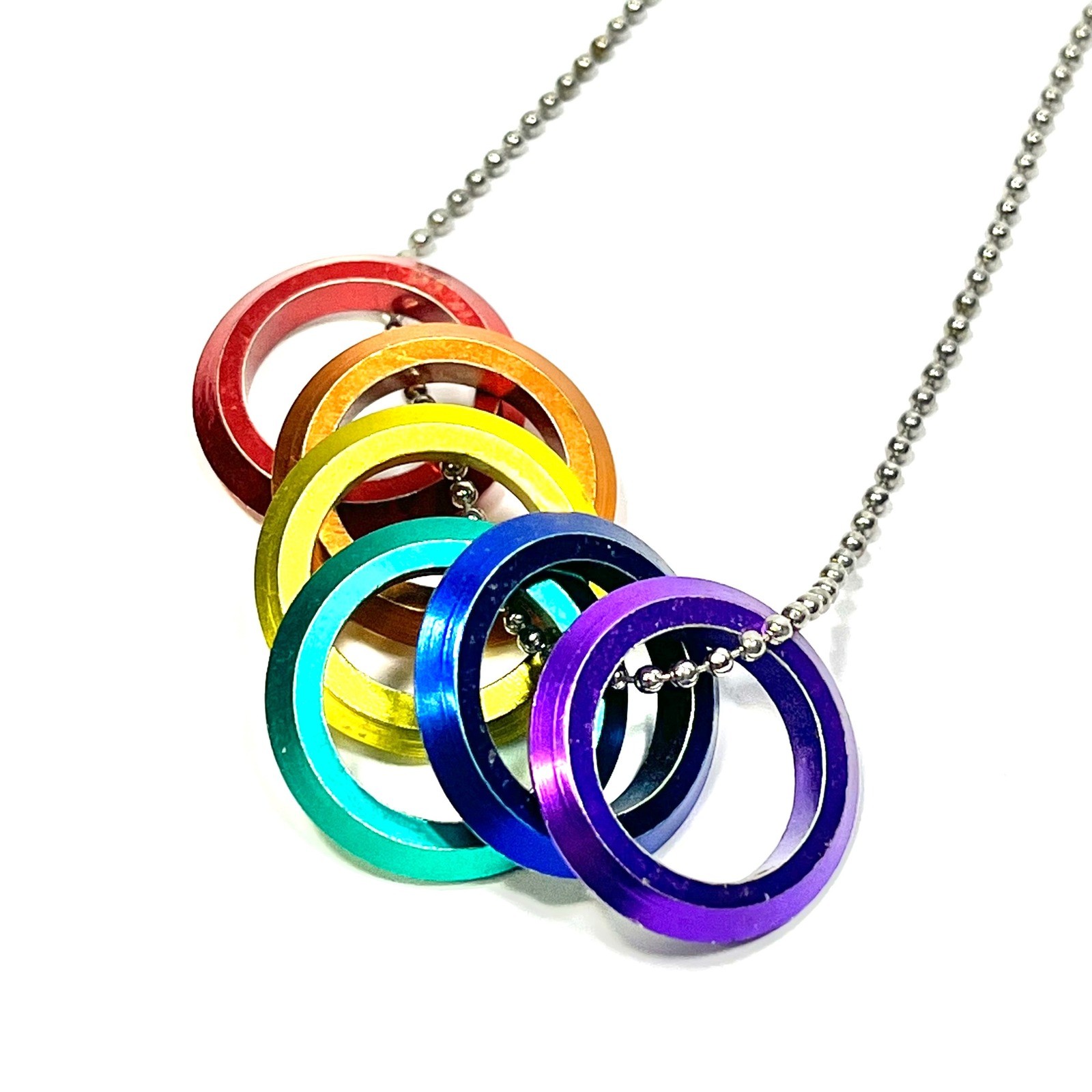 FREEDOM RINGS NECKLACE 20″ Stainless Steel Chain LGBTQ PRIDE Gay Lesbian Rainbow