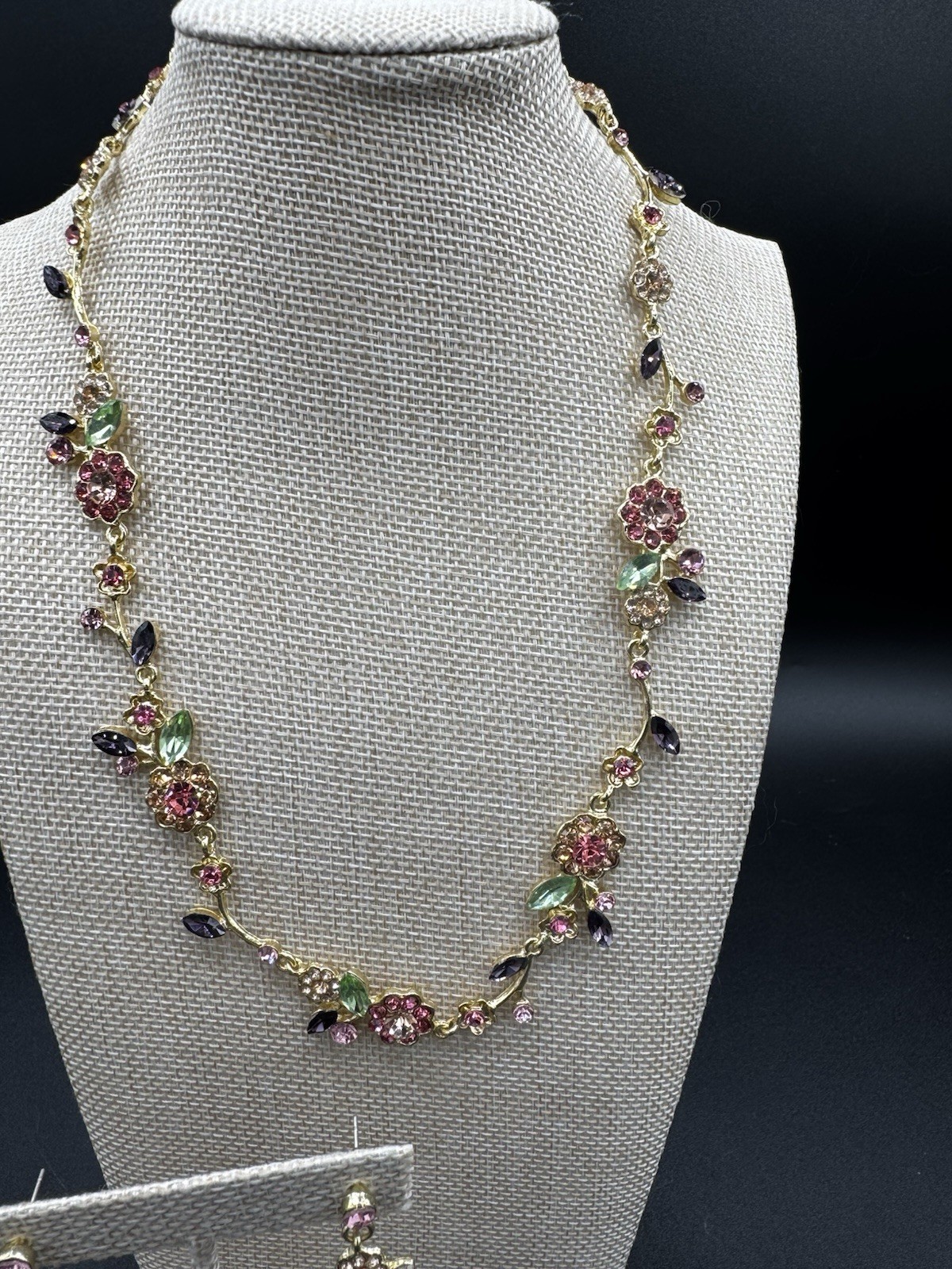Floral Rhinestone Necklace Earrings Set Pink Green Gold Tone New Flowers New