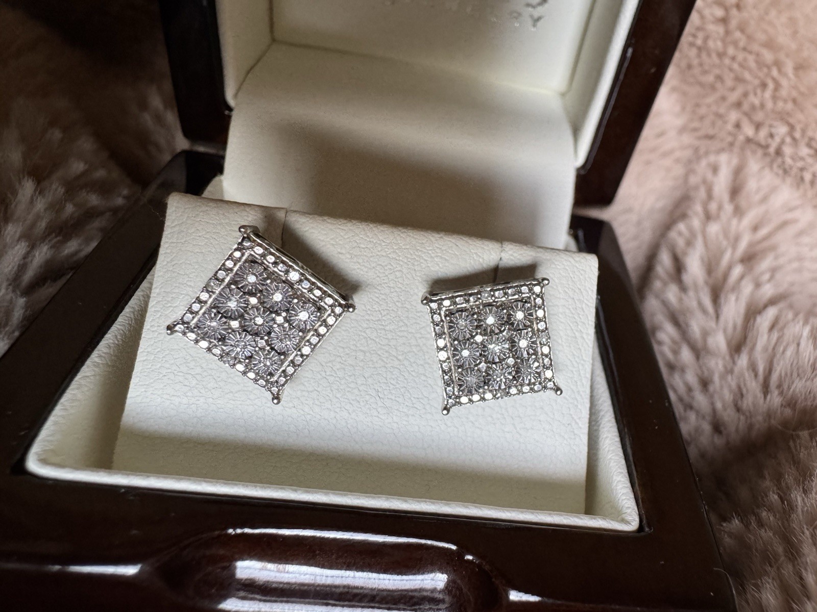 1/10 ct. tw. Diamond Square Cluster Earrings with Miracle Plates Sterling Silver