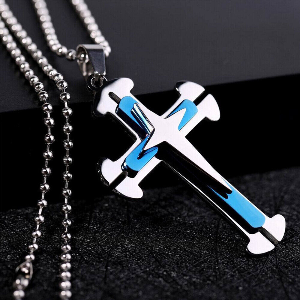 Vintage Cross Pendant Necklace BLUE & Gold Stainless Steel Alloy Unisex Crucifix