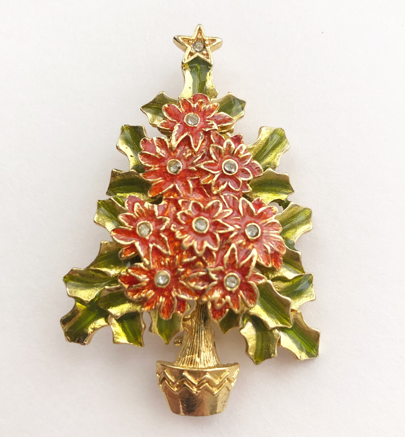 Christopher Radko Enamel Rhinestone Poinsettia Christmas Tree Brooch Pin Vintage