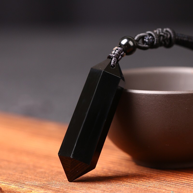 Natural Black Obsidian Hexagonal Point Pendant Healing Amulet Unisex Necklace