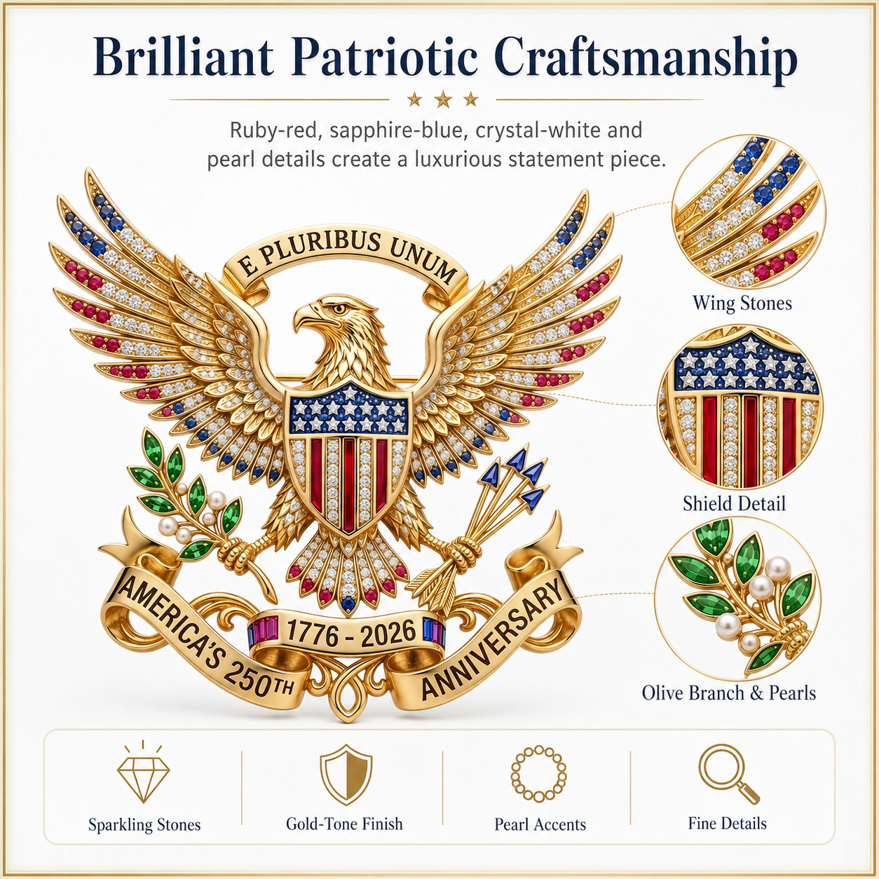US 250th Anniversary Brooch Pin,Patriotic Eagle Rhinestone Lapel Pin Souvenir