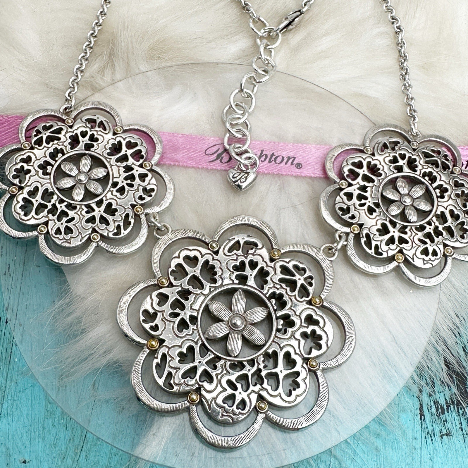 Brighton Adagio Triple Flower Reversible Necklace Bib Collar Silver Gold Plate