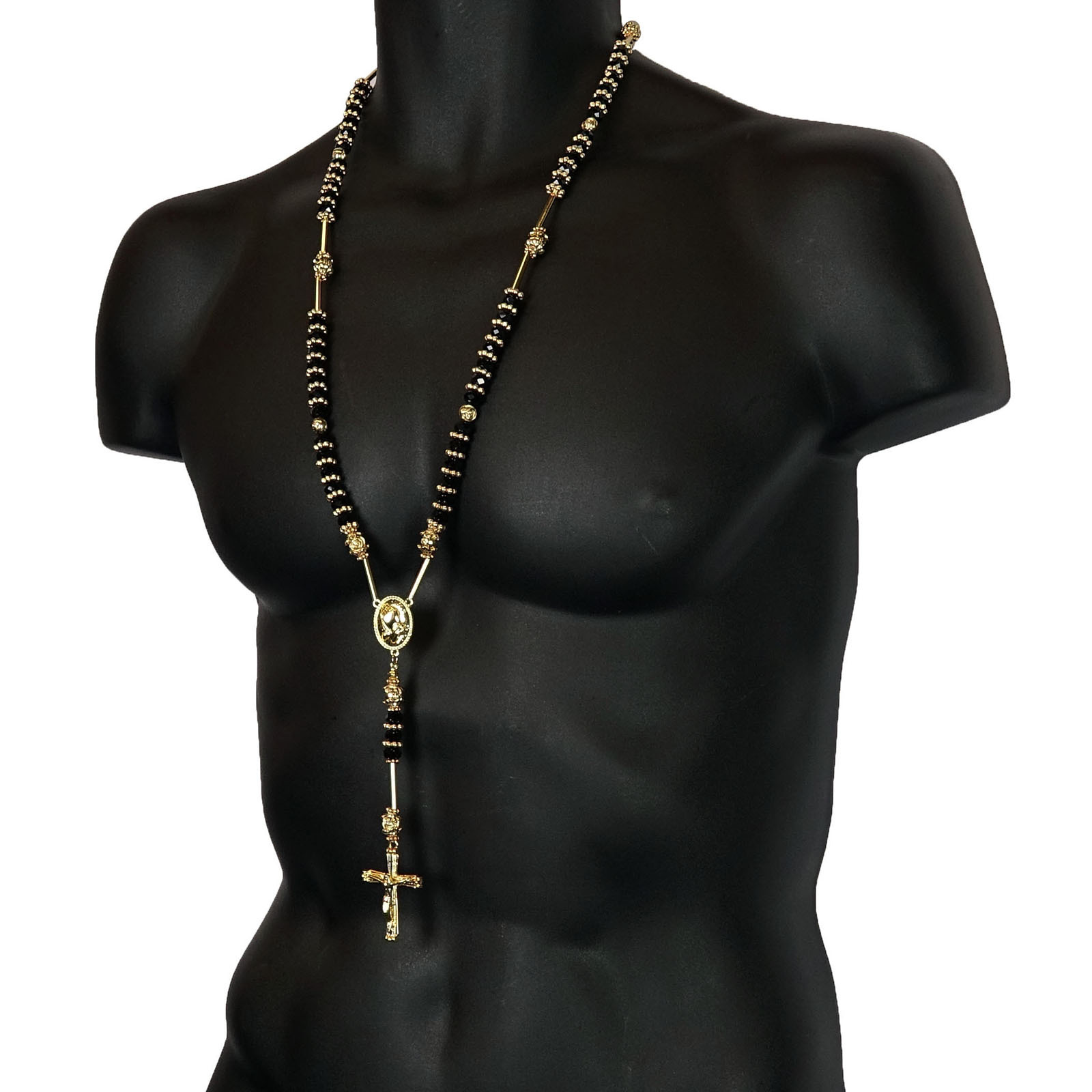 Mens Hip Hop 8mm BLACK Bead 14kt G.P Rosary Pray Hand & Jesus Cross Necklace GBK