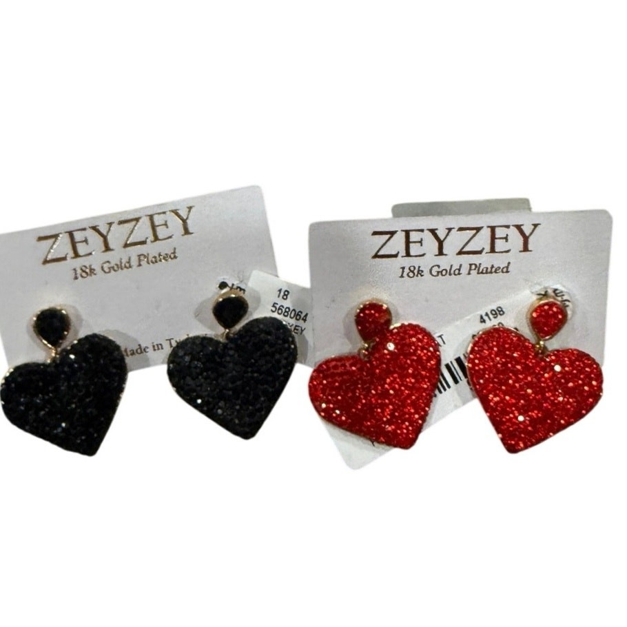 NWT ZEYZEY Red Black CZ Pave Heart Earrings 18K Gold Plated Set Gift Sparkly
