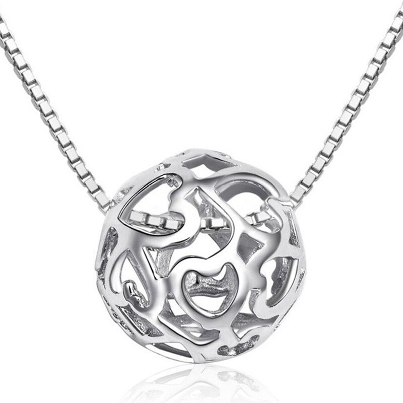 Solid 925 Sterling Silver Hollow Ball Heart Cut Out Pendant Box Chain Necklace