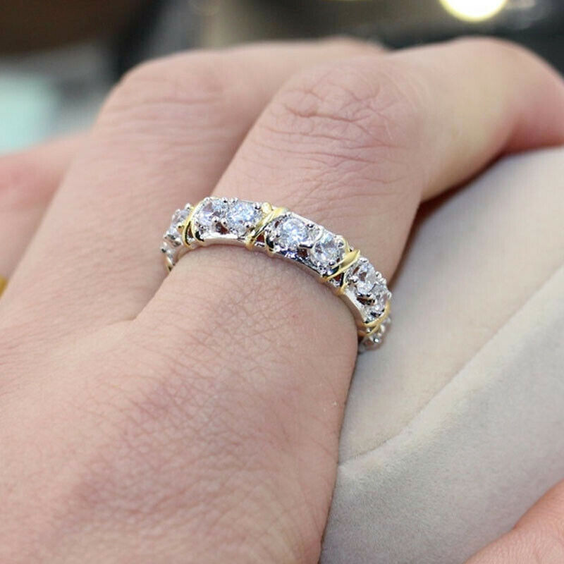 Simulated 2.10CT White Round Cut Sapphire Eternity Engagement Ring In 935 Silver