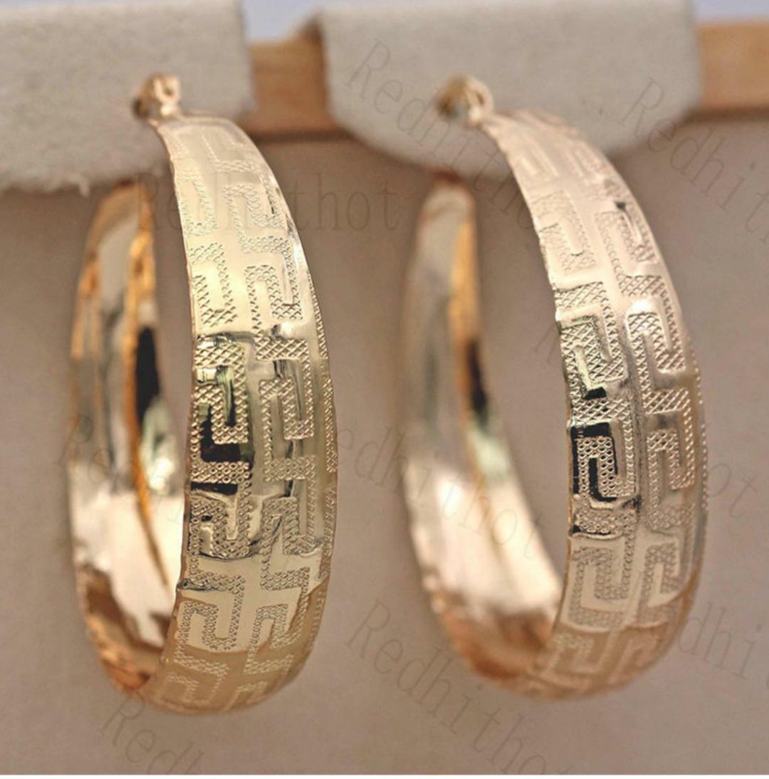 NEW LARGE GREEK KEY ROUND HOOP EARRINGS YELLOW GOLD PLATED LIGHT WEIGHT