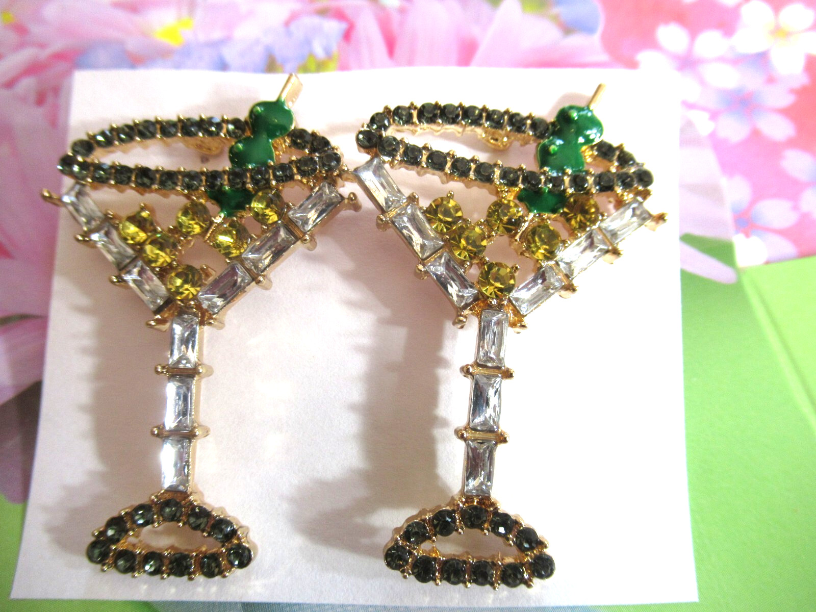 BIG 2.50″ DRY MARTINI COCKTAIL FRUIT COCKTAIL AB RHINESTONE DANGLE EARRINGS