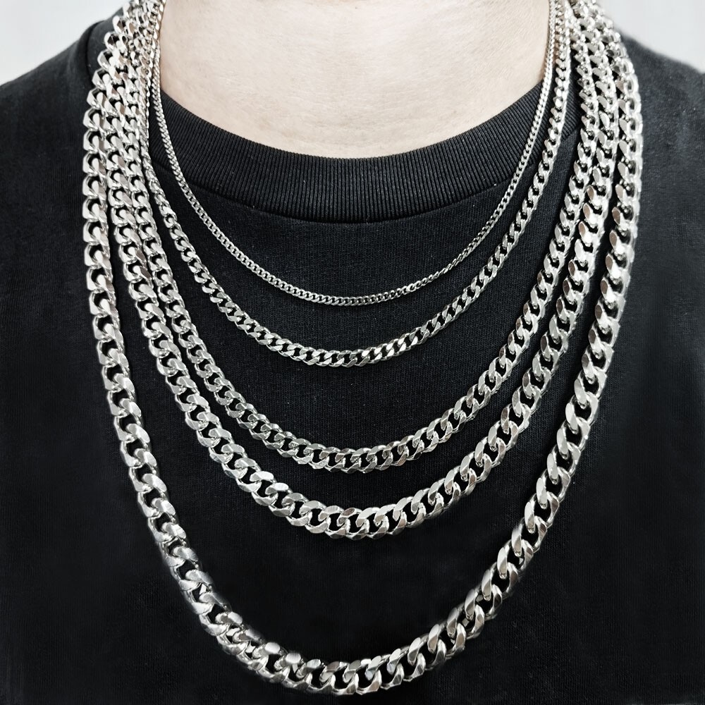 16-30″ Stainless Steel Silver Chain Cuban Curb Womens Mens Necklace 3/5/7/9mm