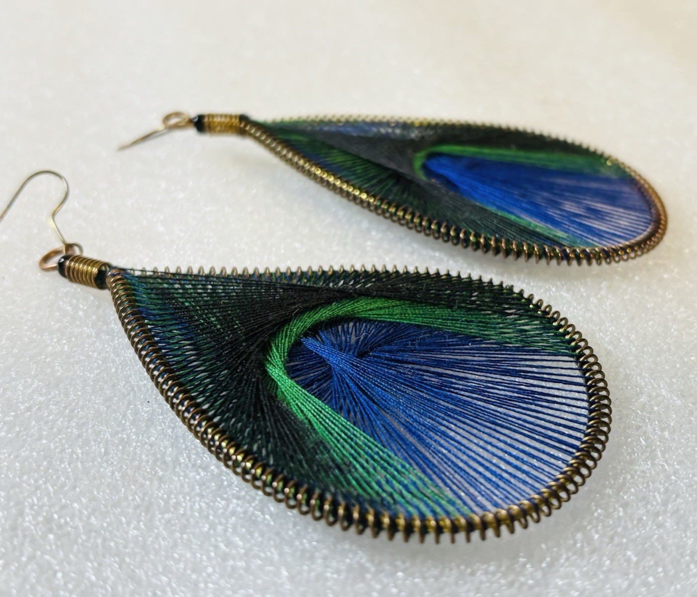 Woven String Art Dangle Bohemian Hook Earrings / Peacock Green & Blue 4.25″