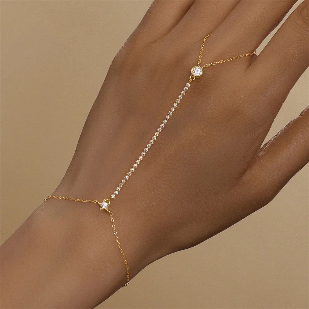 Sterling Silver Hand Chain Bracelet Heart Star Simulated Zirconia Jewelry