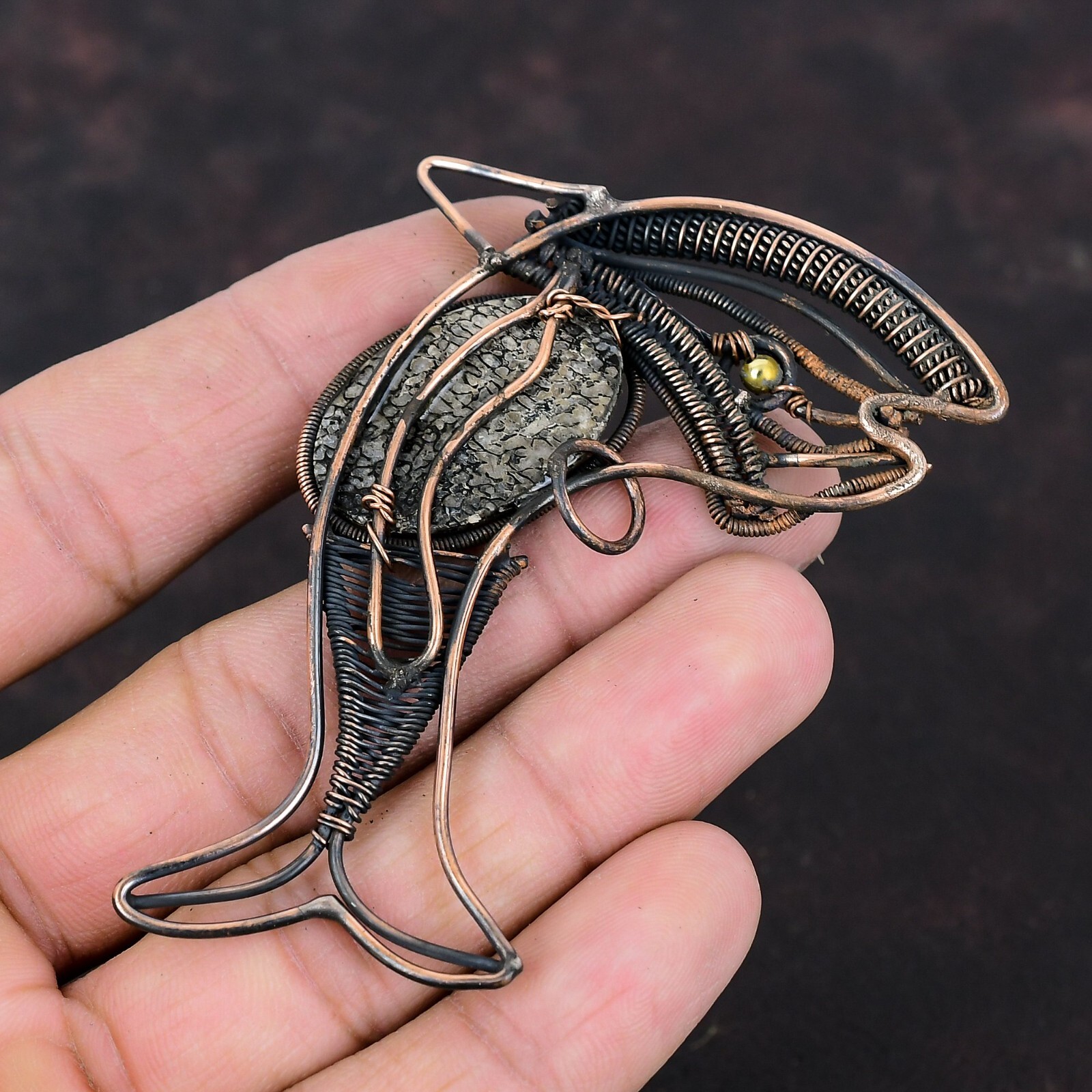 Dinosaur Bone Wire Wrapped Fish Pendant Handcrafted Copper Ethnic Jewelry 2.28″