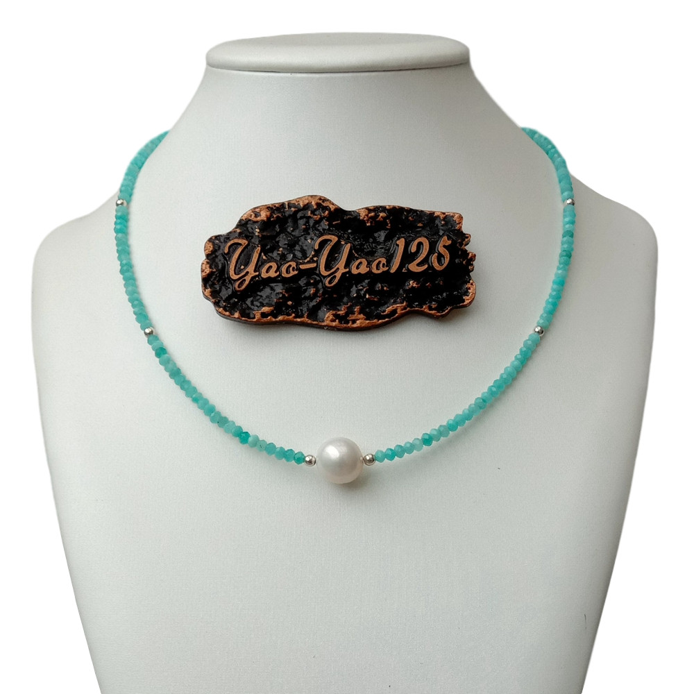 Natural Green Peruvian Amazonite White Pearl Necklace 17”