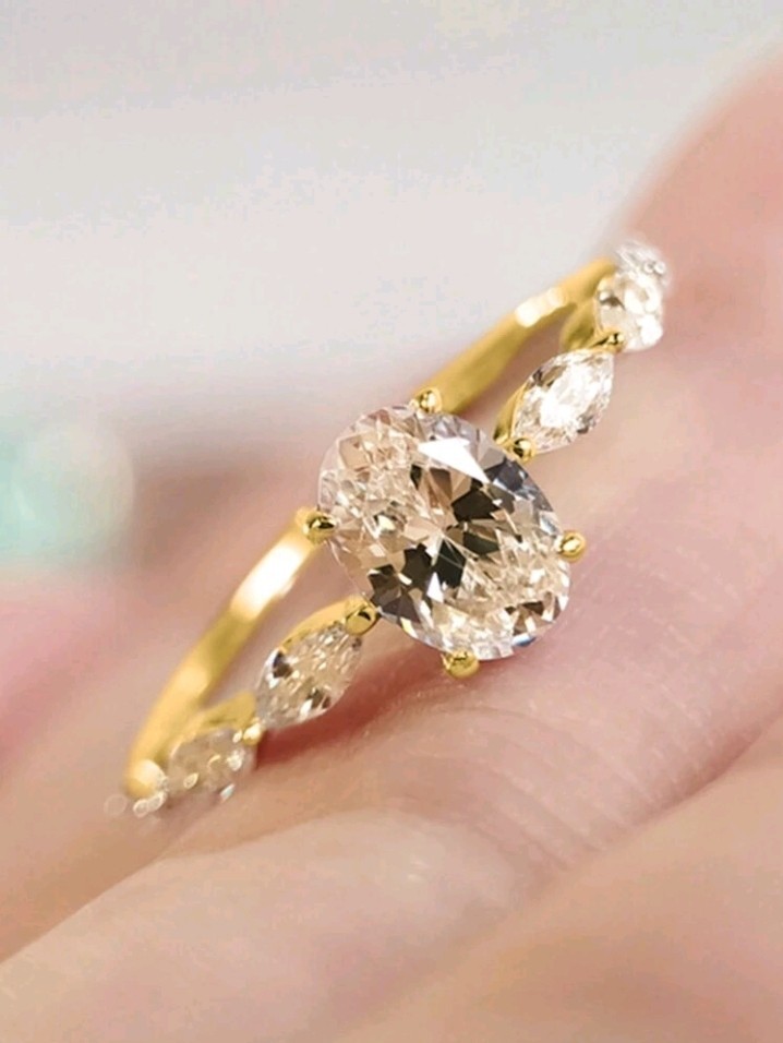 Gold-Plated Copper White/Colorless Oval CZ Ring Size 6 With Marquise Inlay