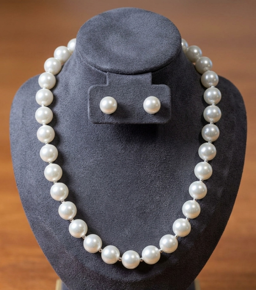 Elegant Classy Freshwater Ivory Pearl Necklace and Earrings Set