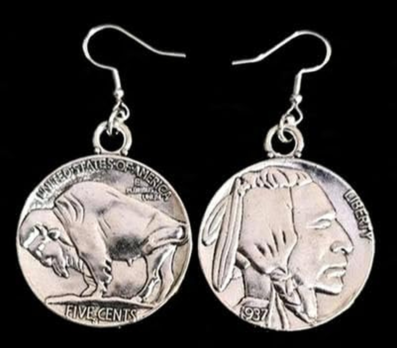 Antique Silver, Retro 1937 USA Nickel (35mm) Earrings on Sterling Silver Hooks