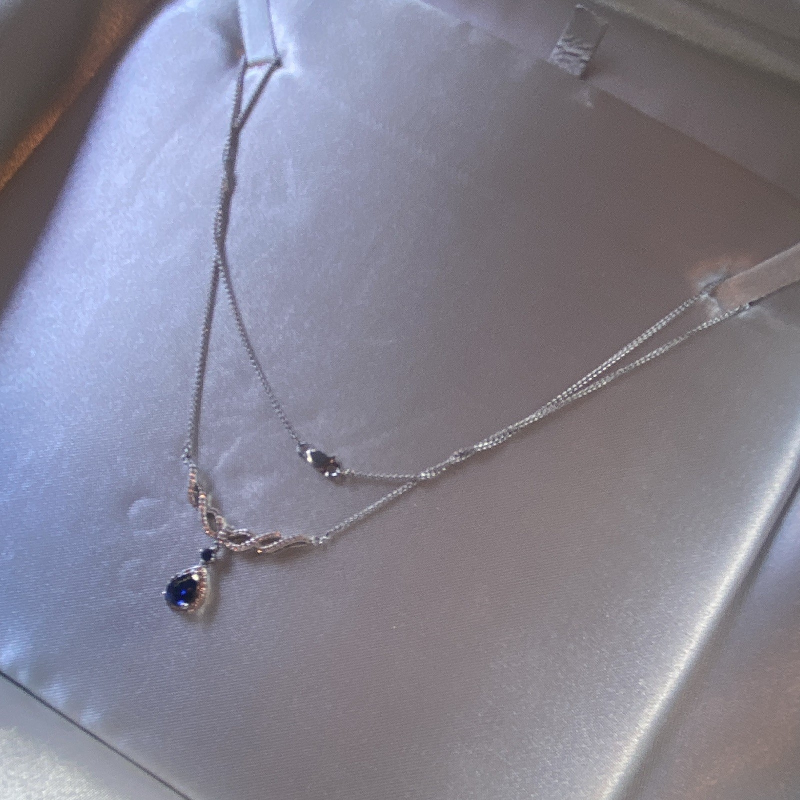 Zales Silver Tone Necklace with Blue Teardrop Crystal Charm Pendant, Chain