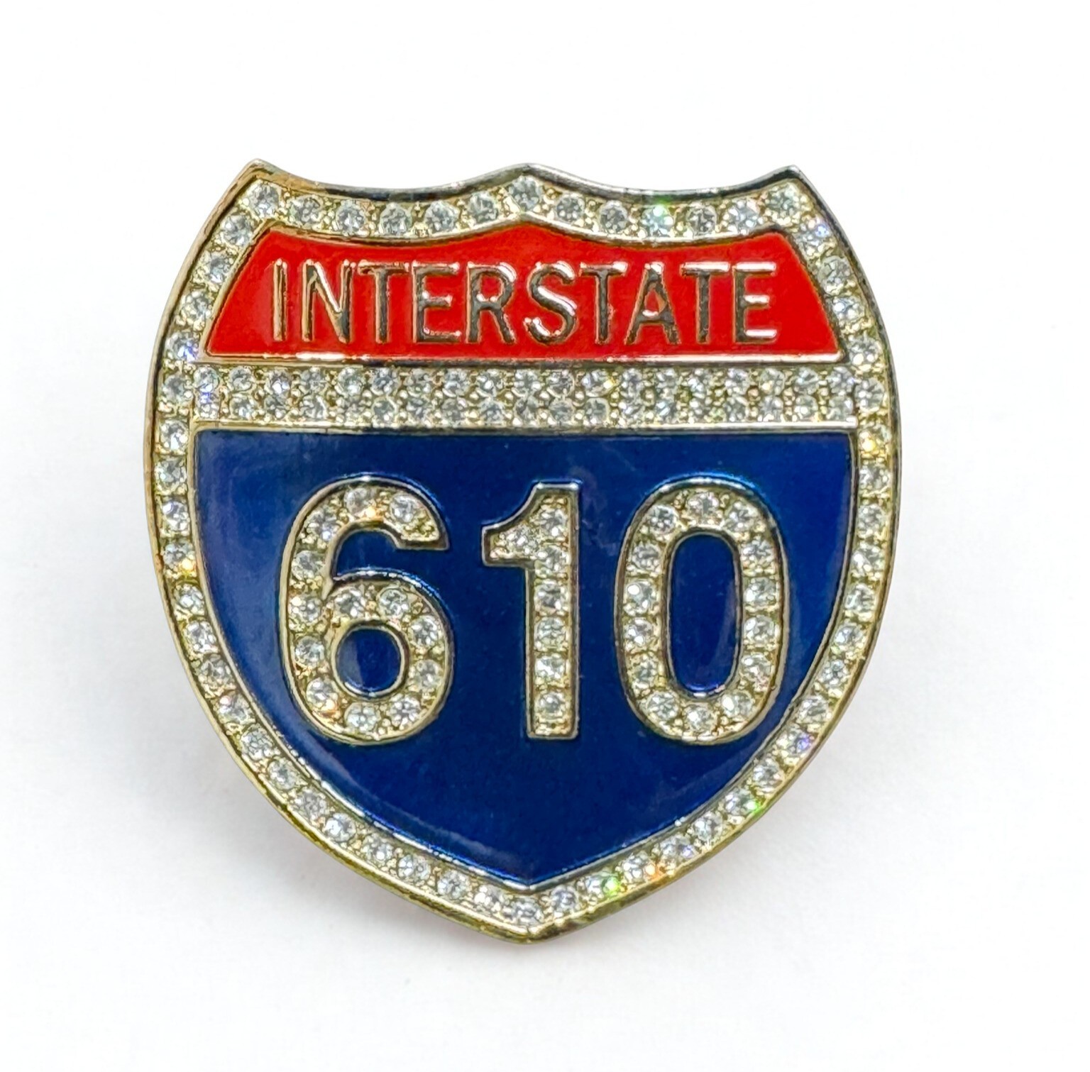 Interstate 610 Shield Belt Buckle – Gold Tone Iced Out Rhinestone Accessory