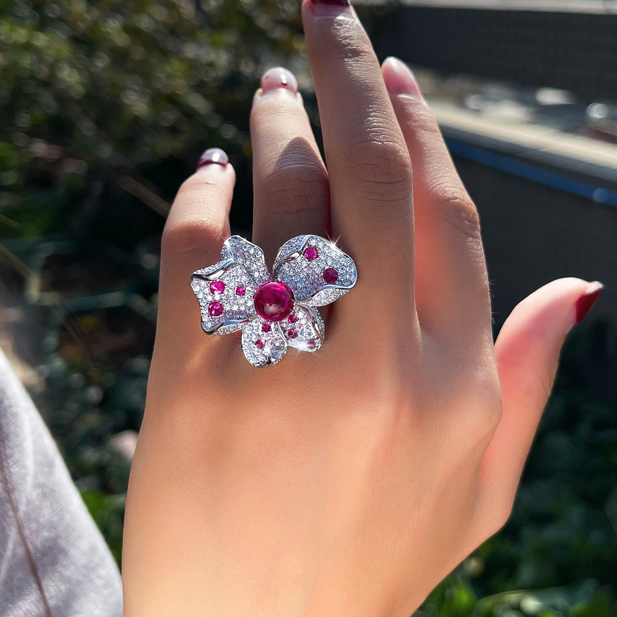 Pretty Big Flower Adjustable Ring Silver Plated Cubic Zirconia Women Bridal Gift