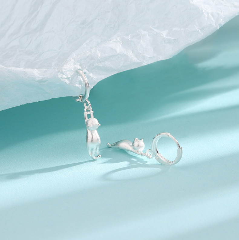925 Silver Plated LeverBack Hoop Huggie Drop Dangle Cat French Wire Earrings S3