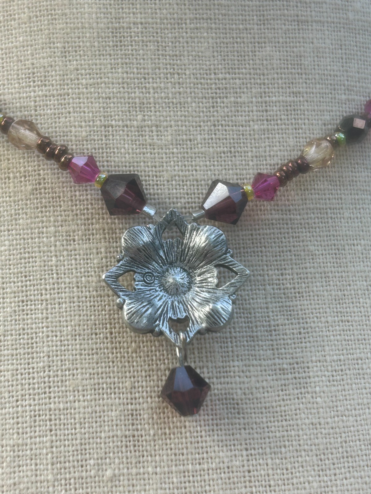 Whimsigoth Crystal Flower Pendant Necklace Fuchsia Brow Beaded Boho Jewelry.