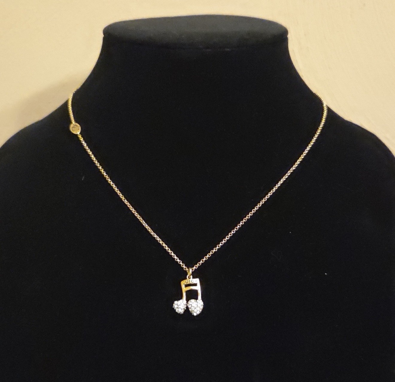 Juicy Couture Music Note Charm Pendant Necklace Gold Tone Pavé Crystal Signed